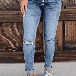 BUTTON FLY DISTRESSED JEANS